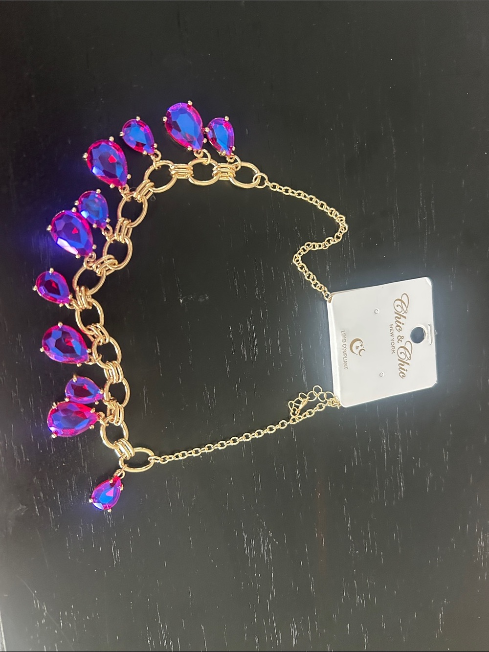 Gold Necklace with Pink-Blue Teardrop Stones